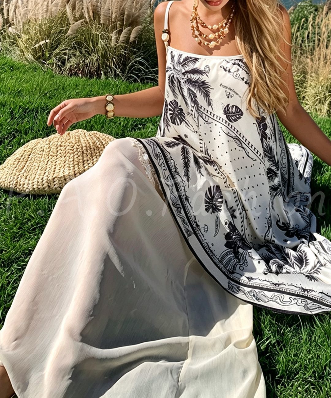 Tropical Palm Print Sequin Patchwork Strappy Resort Maxi Dress