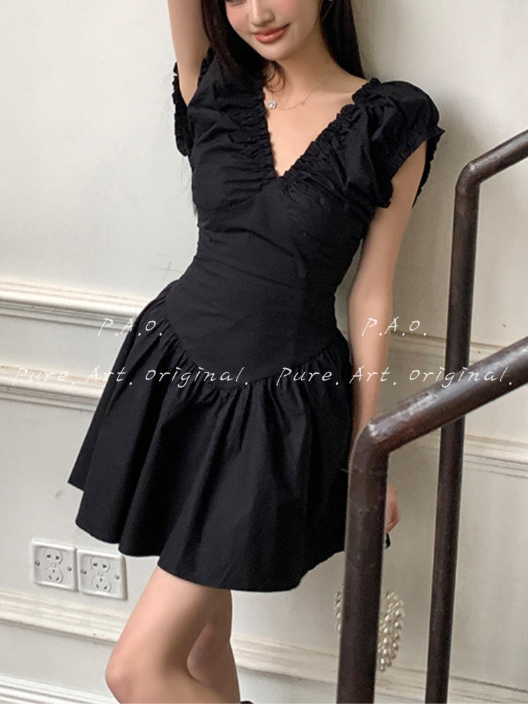 French Vintage Puff Sleeve Mini Dress