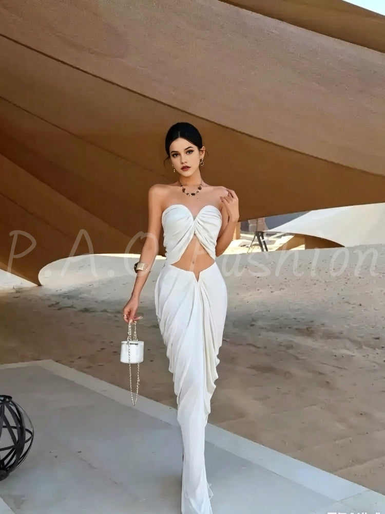 Twist-Front Strapless Cutout Slit Maxi Dress