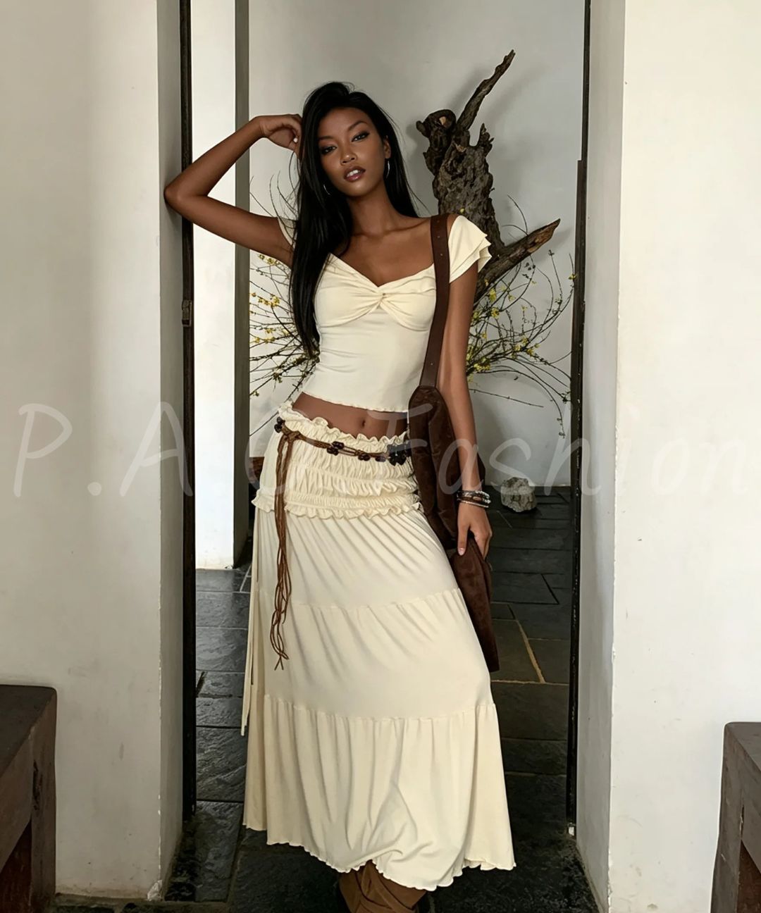 Bohemian Off-Shoulder Twist Top & Tiered Maxi Skirt Set