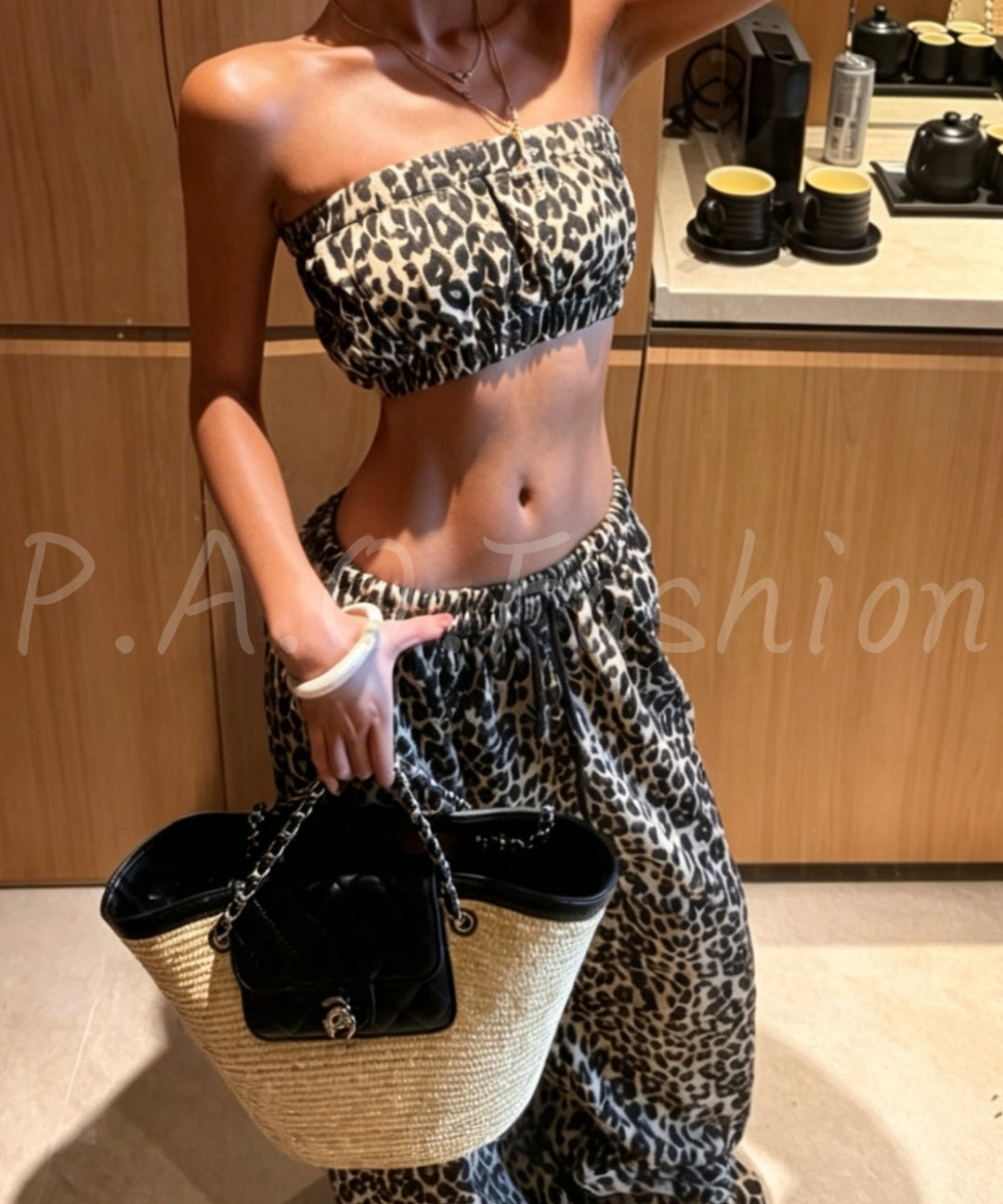 Leopard Print Bandeau Top & Wide-Leg Pants Set[Available Now]