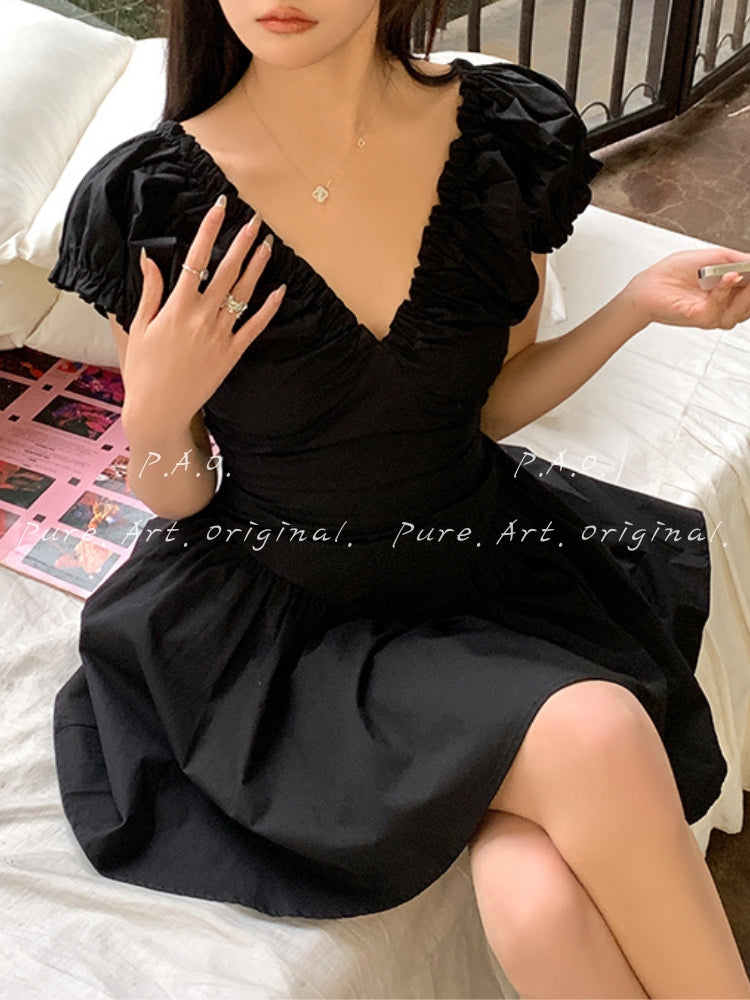 French Vintage Puff Sleeve Mini Dress