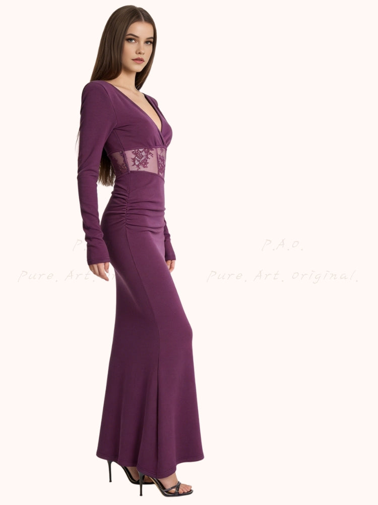 Lace Cutout Corset Detail Long Sleeve Dress