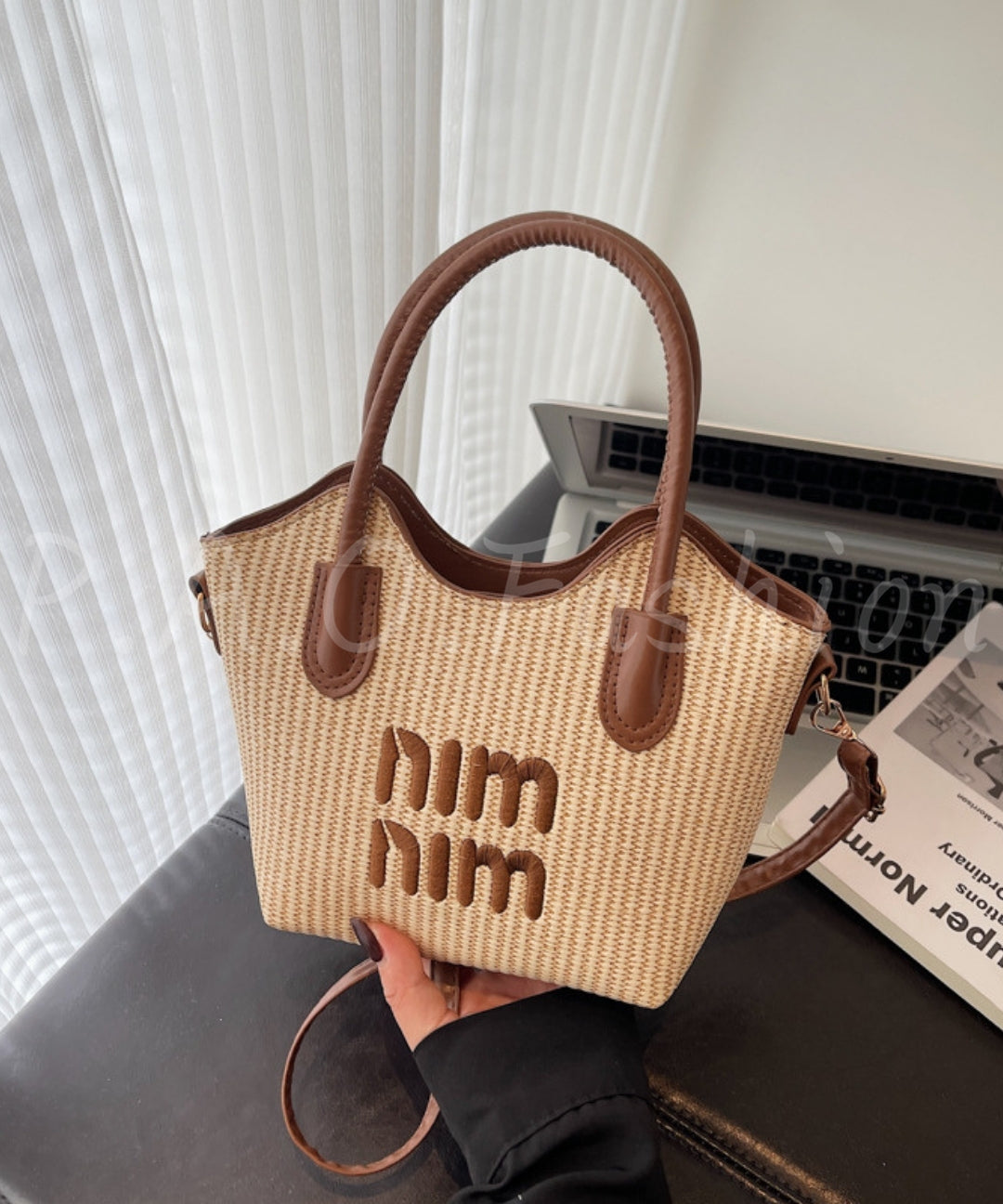 Woven Straw Contrast Crossbody Tote Bag