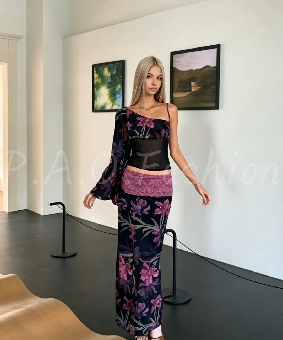 One-Shoulder Floral Mesh Top & Slit Maxi Skirt Set