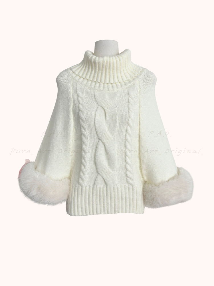 Faux Fox Fur Cuff Turtleneck Wool-Blend Cable Knit Sweater
