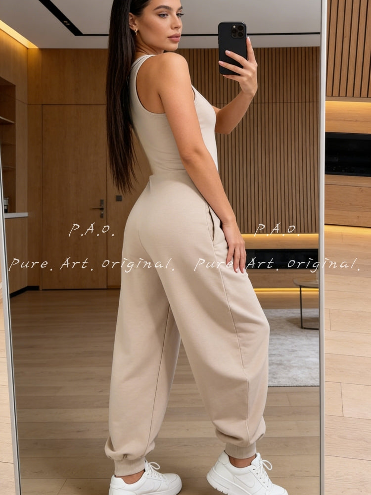 U‑Neck Contrast Striped Tie‑Up Zipper Barrel Jumpsuit