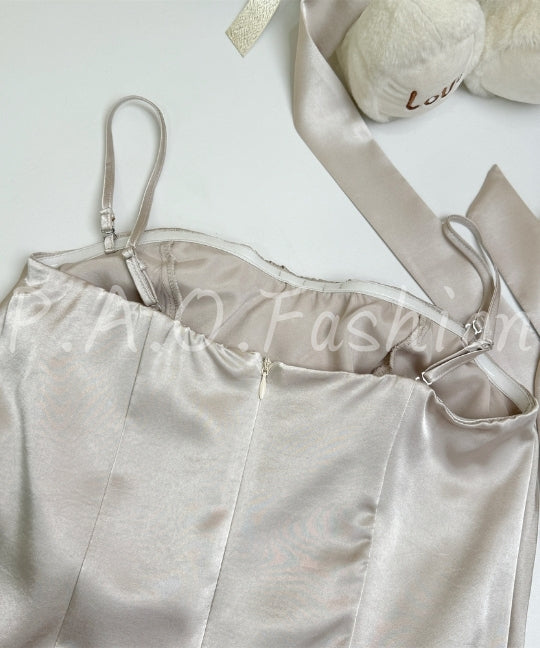 Satin Halter Scarf Top & Wide-Leg Pants Set