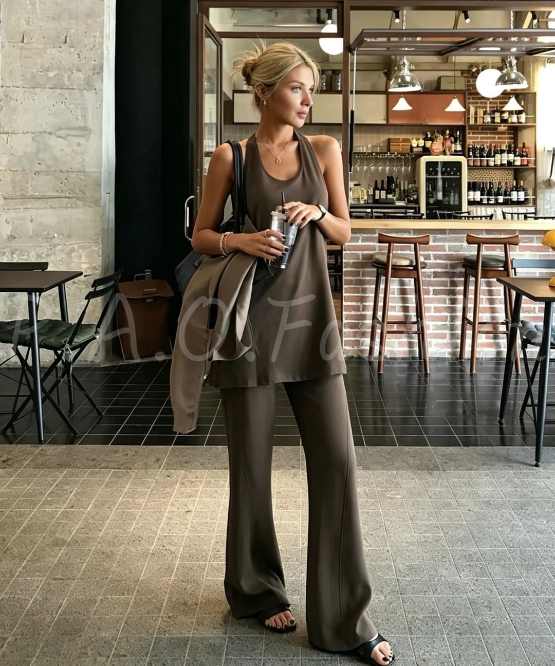U-Neck Racerback Long Tank & Wide-Leg Flare Pants Set