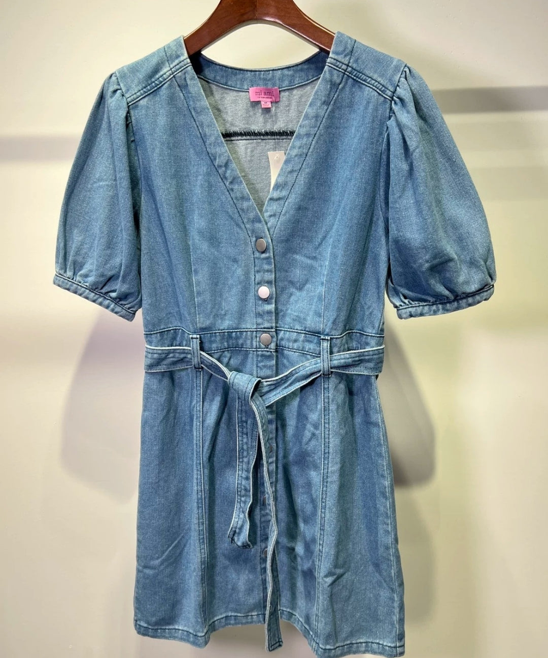 V-Neck Puff Sleeve Denim Mini Dress