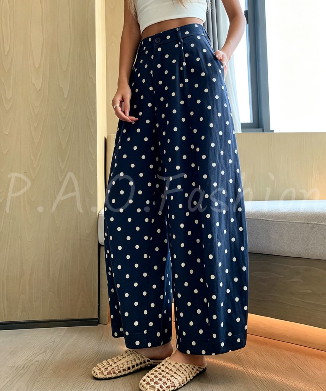 Vintage Polka Dot Linen Blend Cropped Wide-Leg Pants
