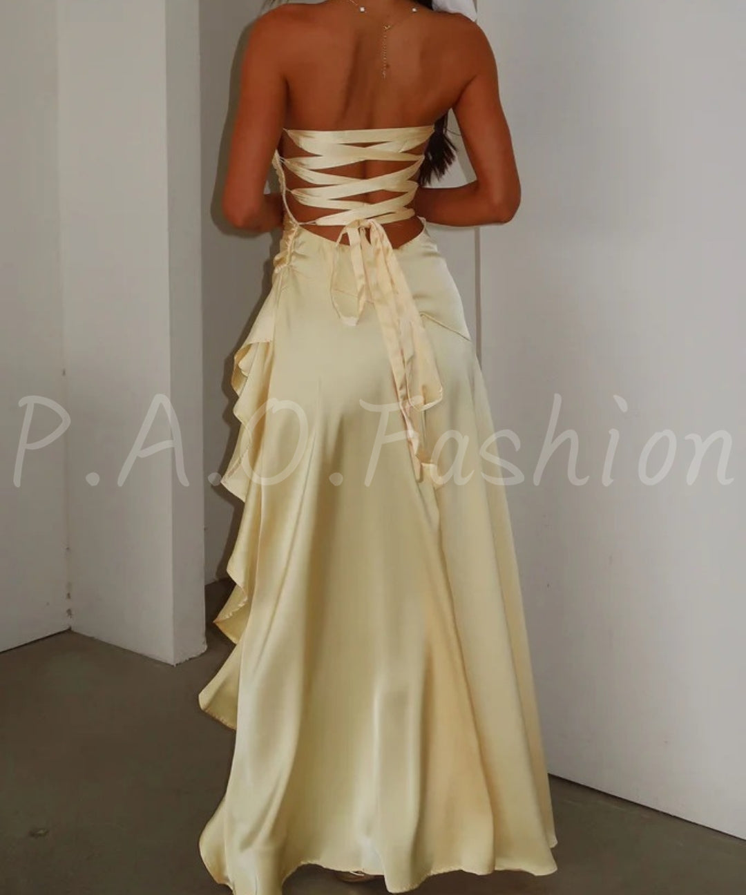 Satin Strapless Asymmetric Slit Dress[Available Now]