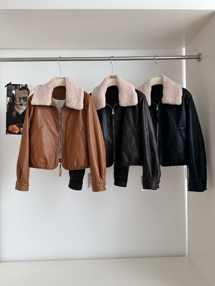 Notched Collar Leather-Style Jacket