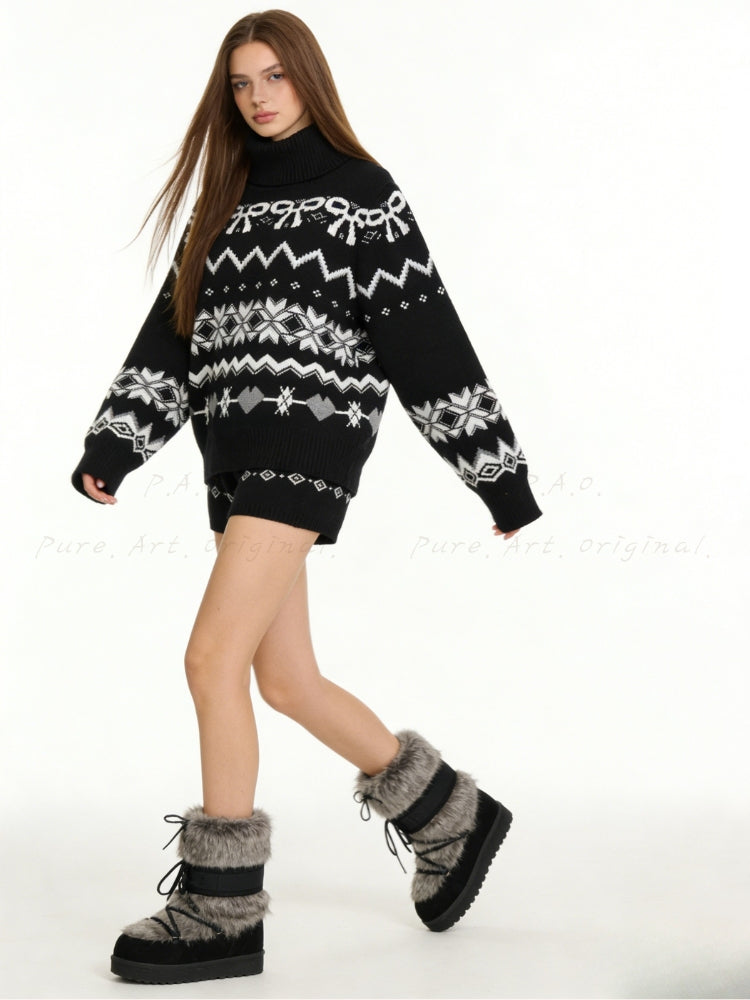 Vintage Fair Isle Turtleneck Knit Sweater & Shorts Set