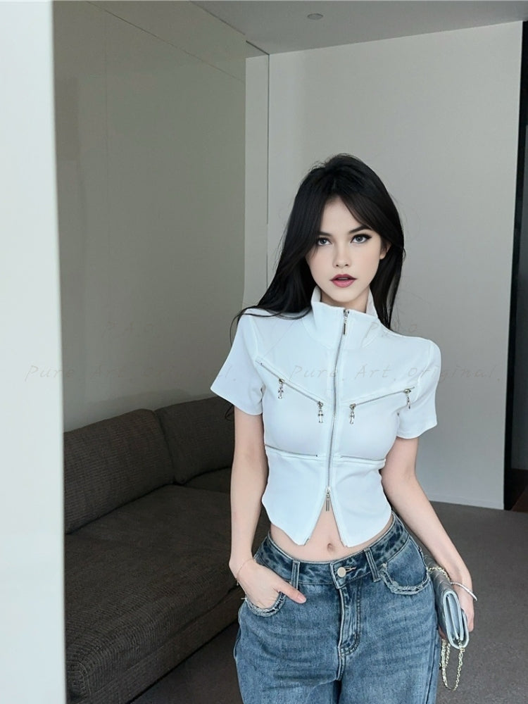 Double-Zip Short Sleeve Knit Top