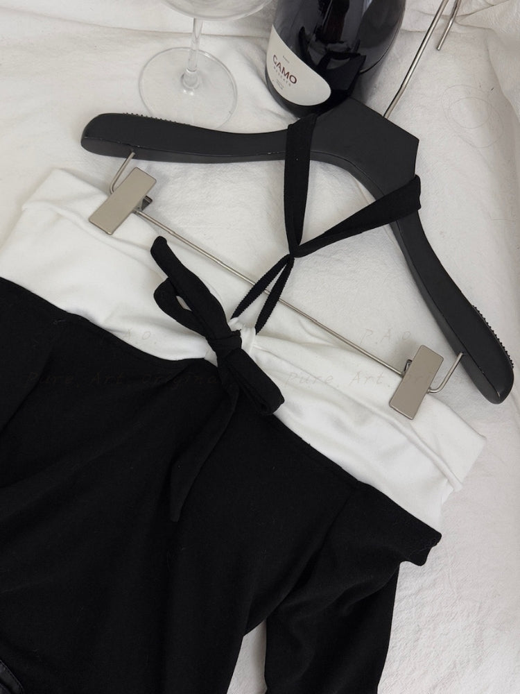 Contrast Off-Shoulder Halter Top & Pleated Skirt Set