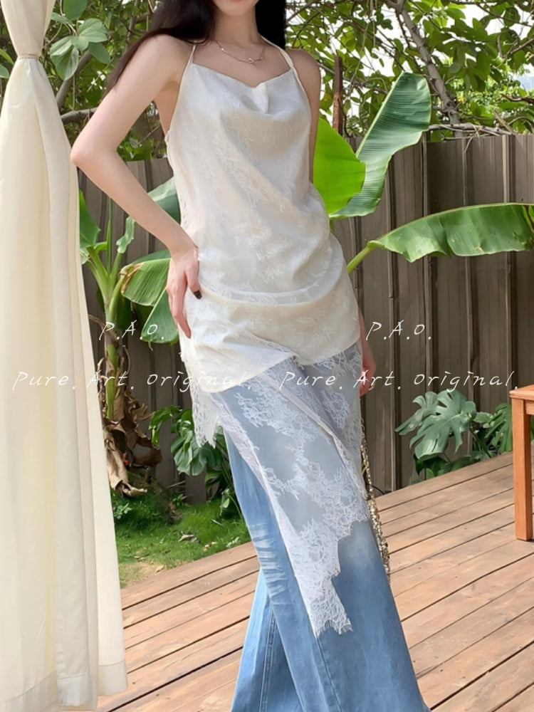 Satin Lace Halter Cowl Neck Cami