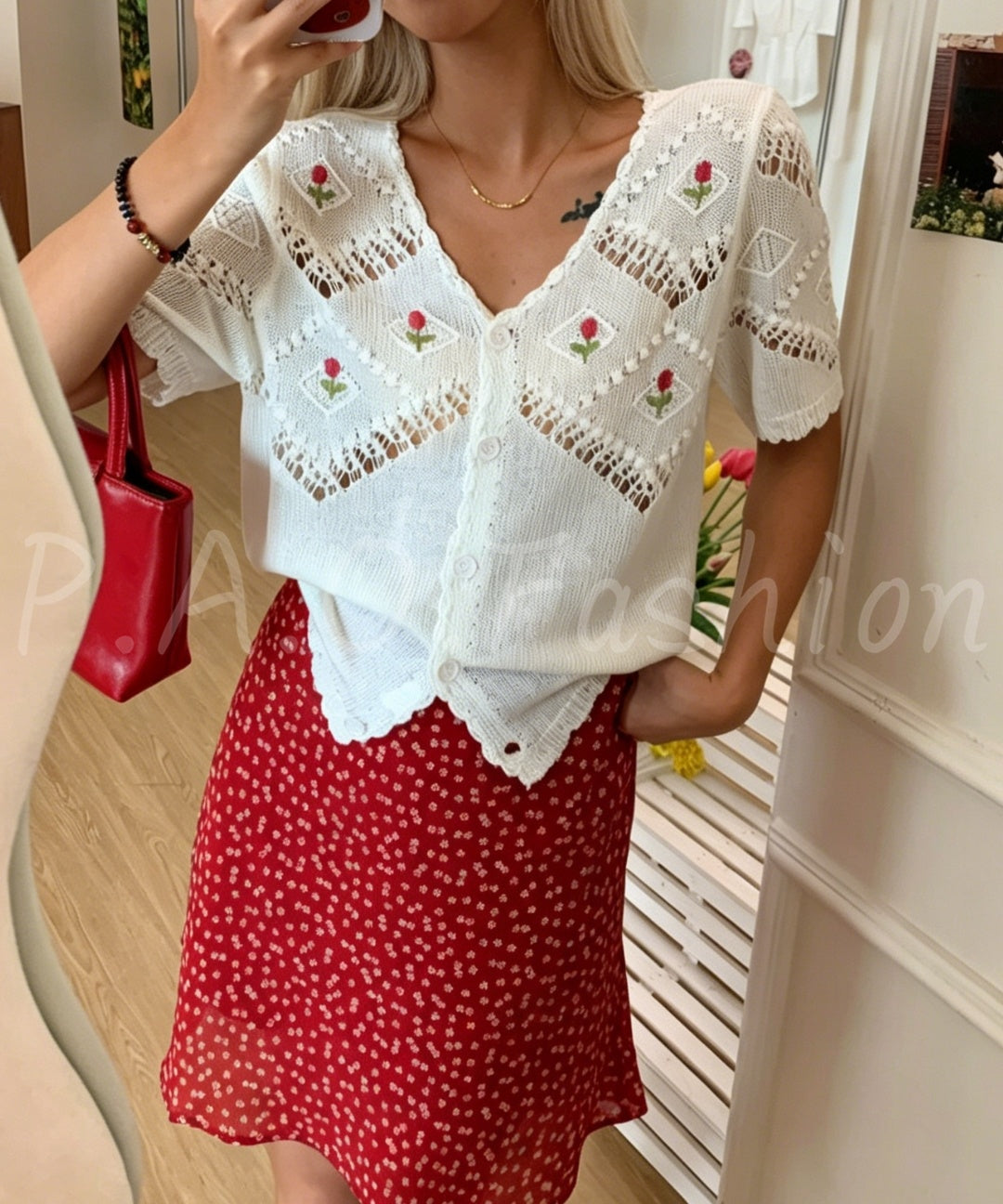 Embroidered Open-Knit V-Neck Short Sleeve Cardigan
