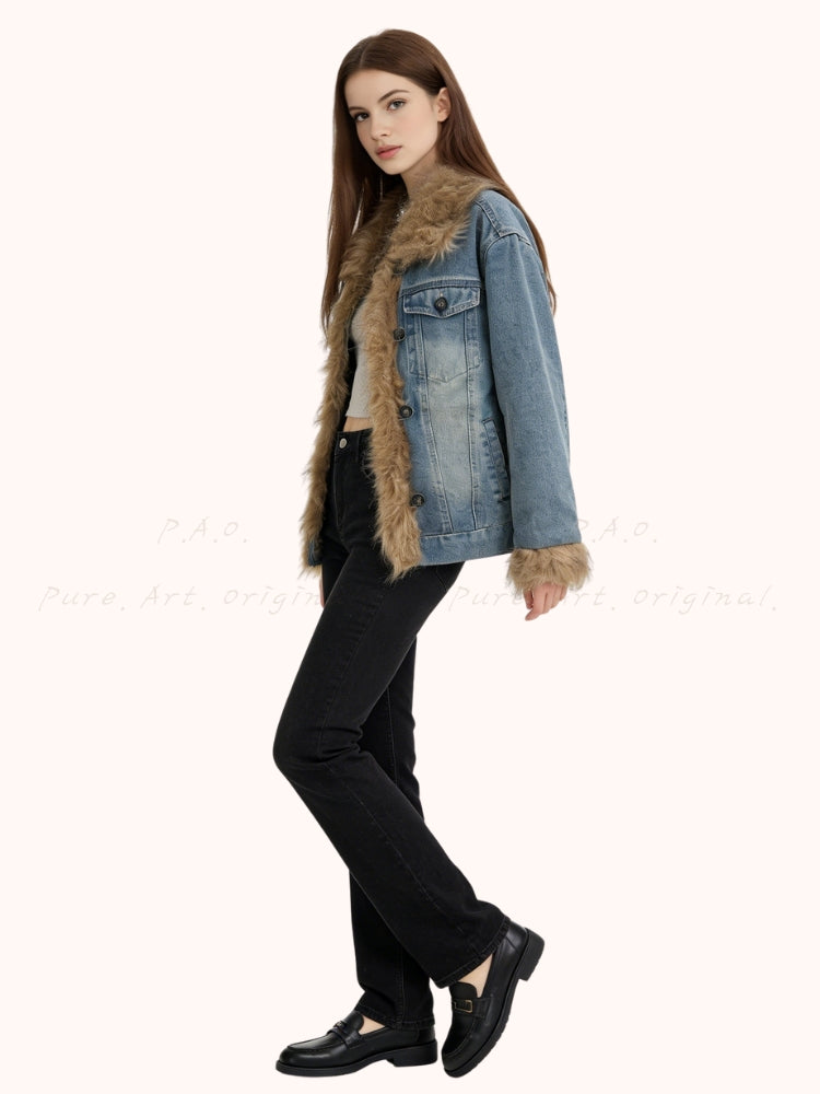 Washed Denim Faux-Fur Patchwork Puffer Jacket