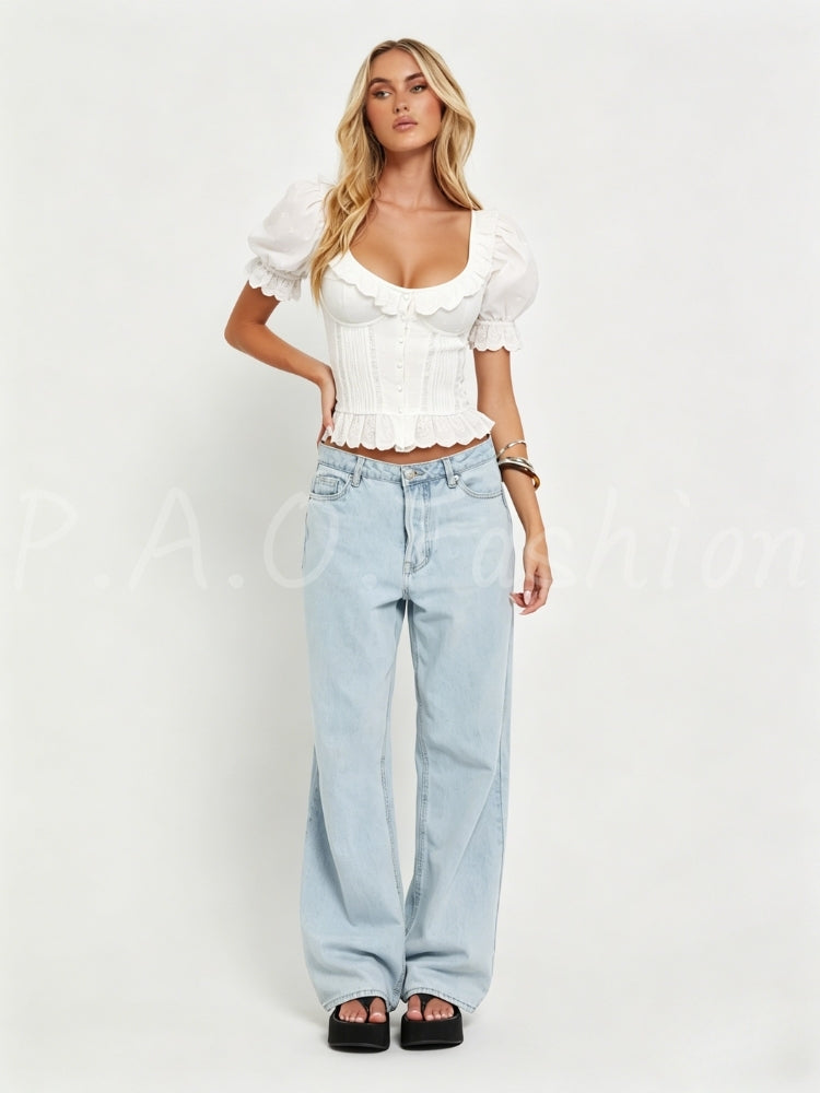 Lace Trim Puff Sleeve Shirred Peplum Blouse