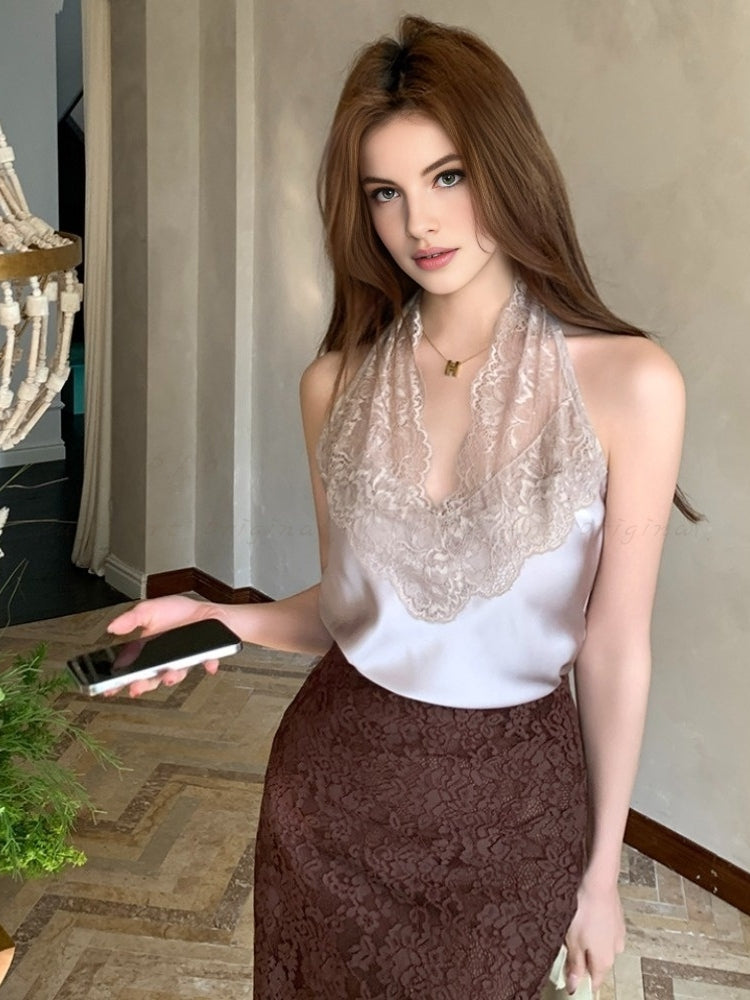 Lace Panel Halter Neck Cami