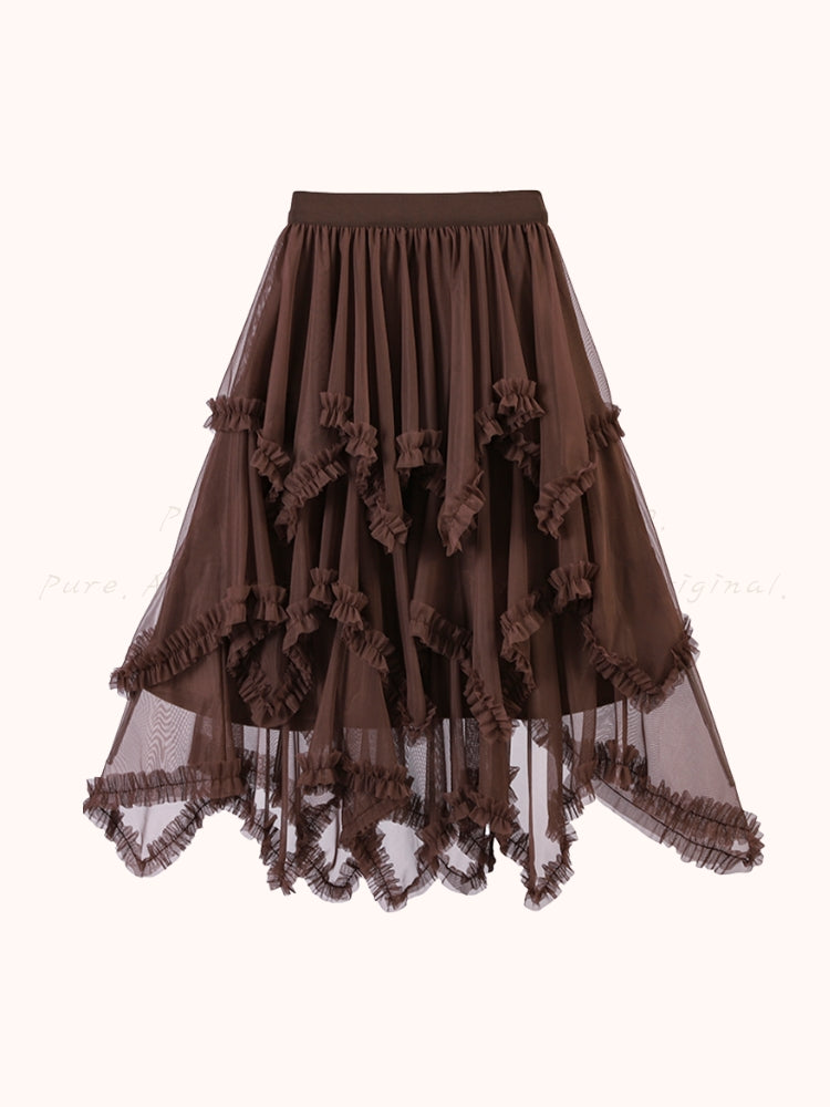 Ruffled Mesh Panel Midi Skirt
