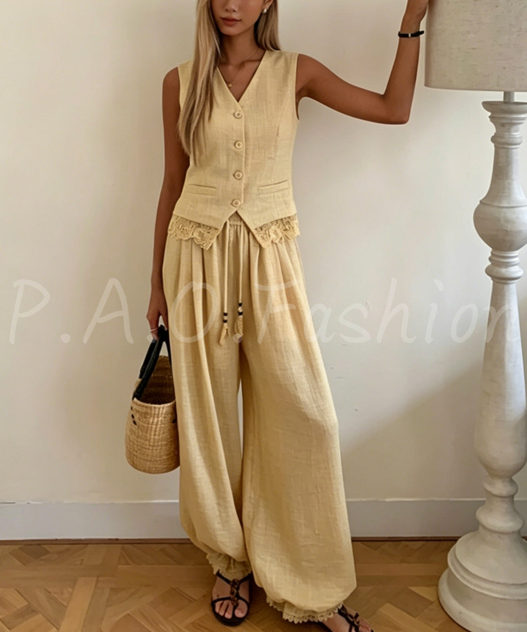 Bohemian Lace Trim Vest & Lantern Pants Set[Available Now]