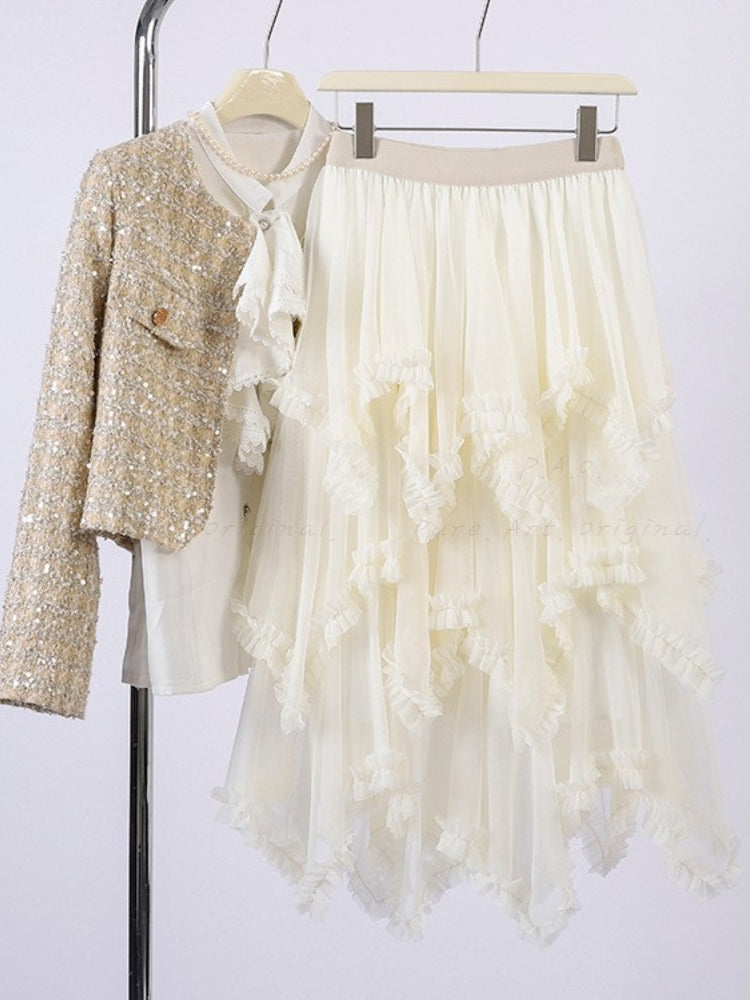 Ruffled Mesh Panel Midi Skirt