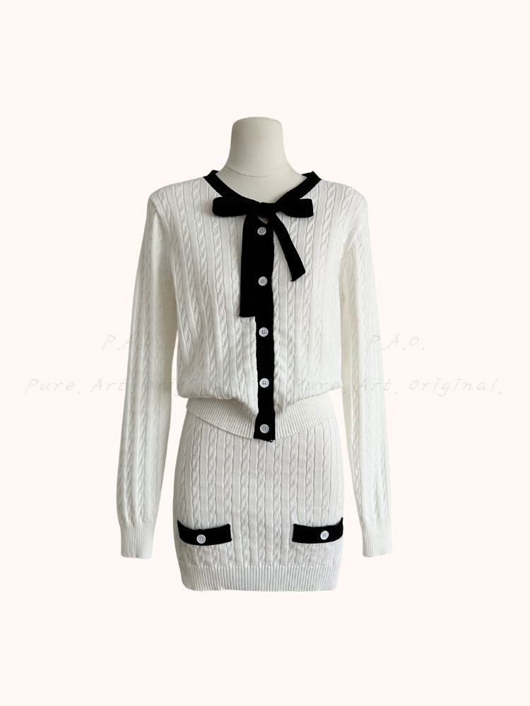Contrast Bow Knit Cardigan & Mini Skirt Two-Piece Set