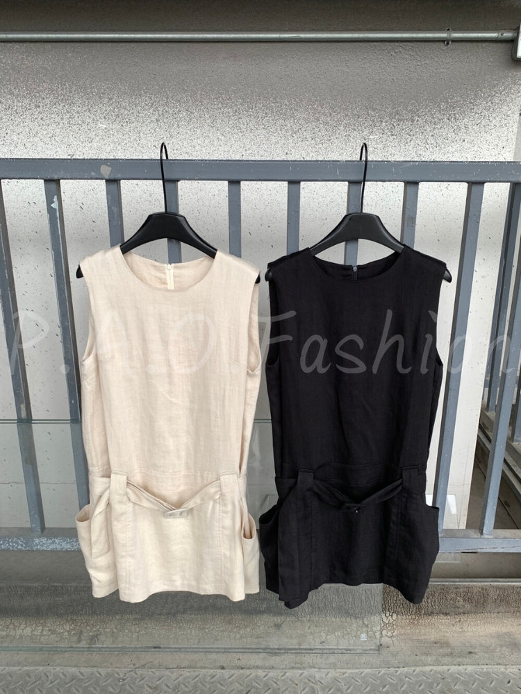 Minimalist Linen-Blend Sleeveless Belted Dress