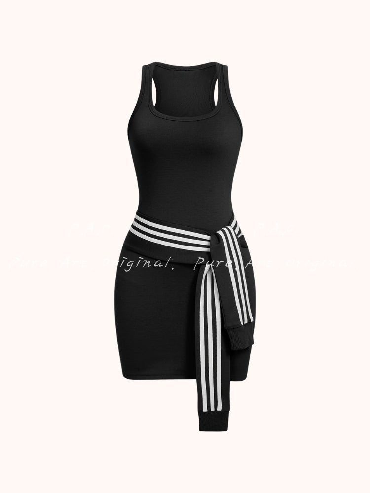 Striped U‑Neck Knotted Sleeveless Mini Dress