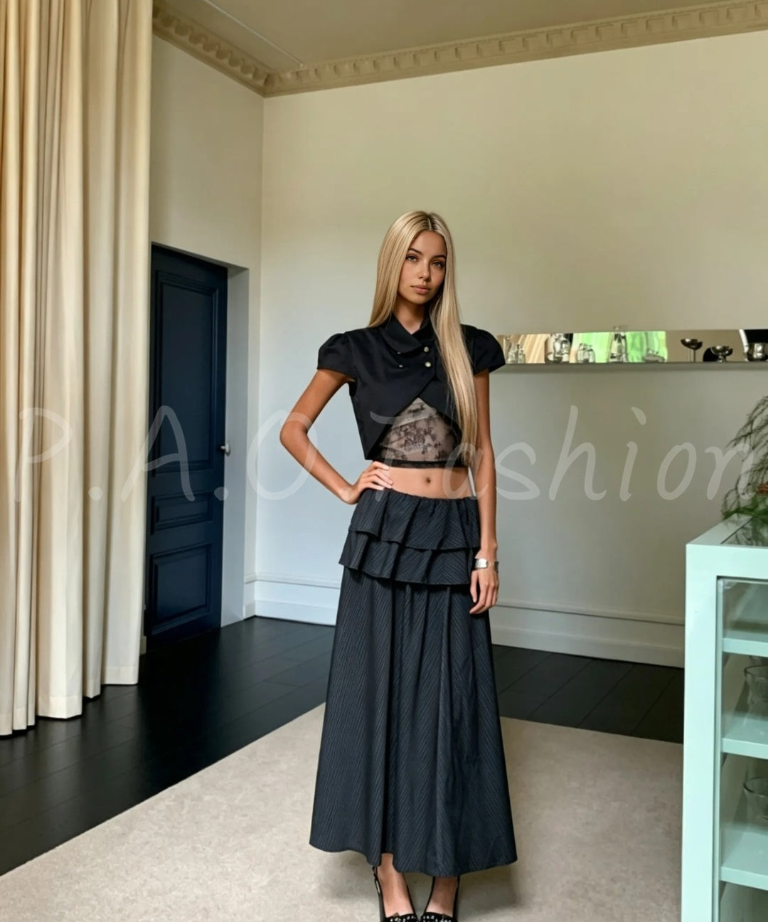 Cropped Puff Sleeve Jacket, Lace Bandeau & Tiered Maxi Skirt Three-Piece Set