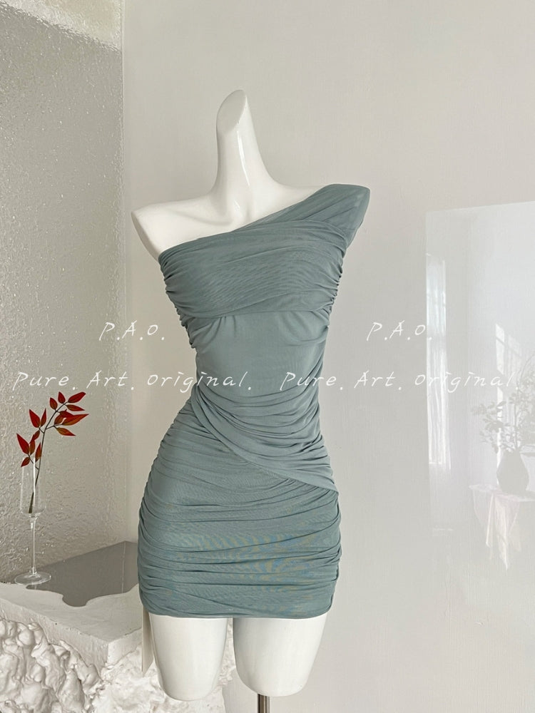 One-Shoulder Ruched Mesh Bodycon Mini Dress