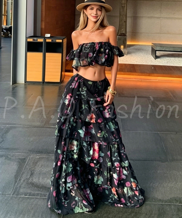 Floral Off-Shoulder Crop Top & Tiered Maxi Skirt Set
