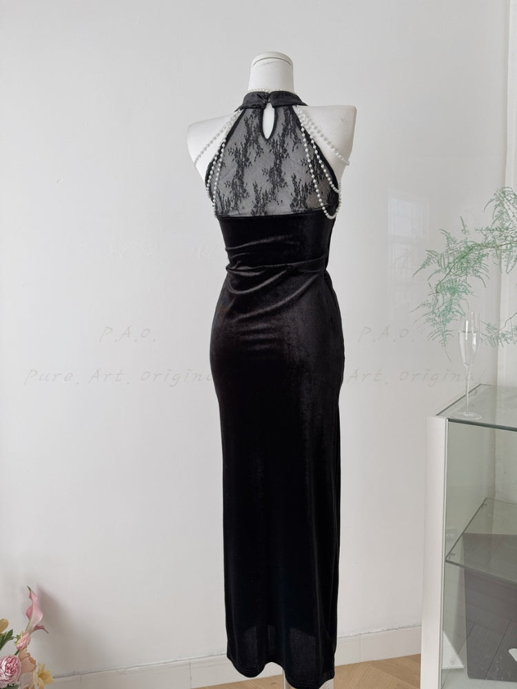 Lace Panel Velvet Midi Dress