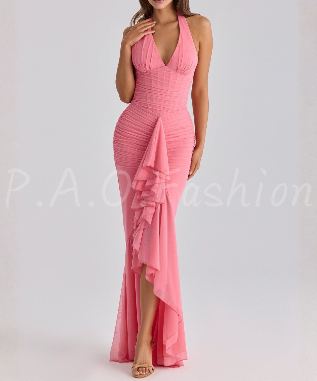 Halter Mesh Ruched Slit Maxi Dress[Available Now]