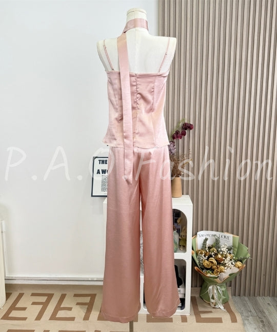 Satin Halter Scarf Top & Wide-Leg Pants Set