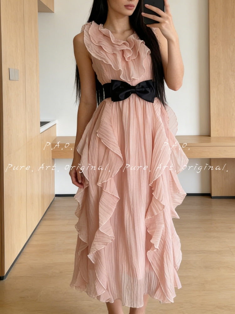 ELARA RUFFLE V-NECK MIDI DRESS