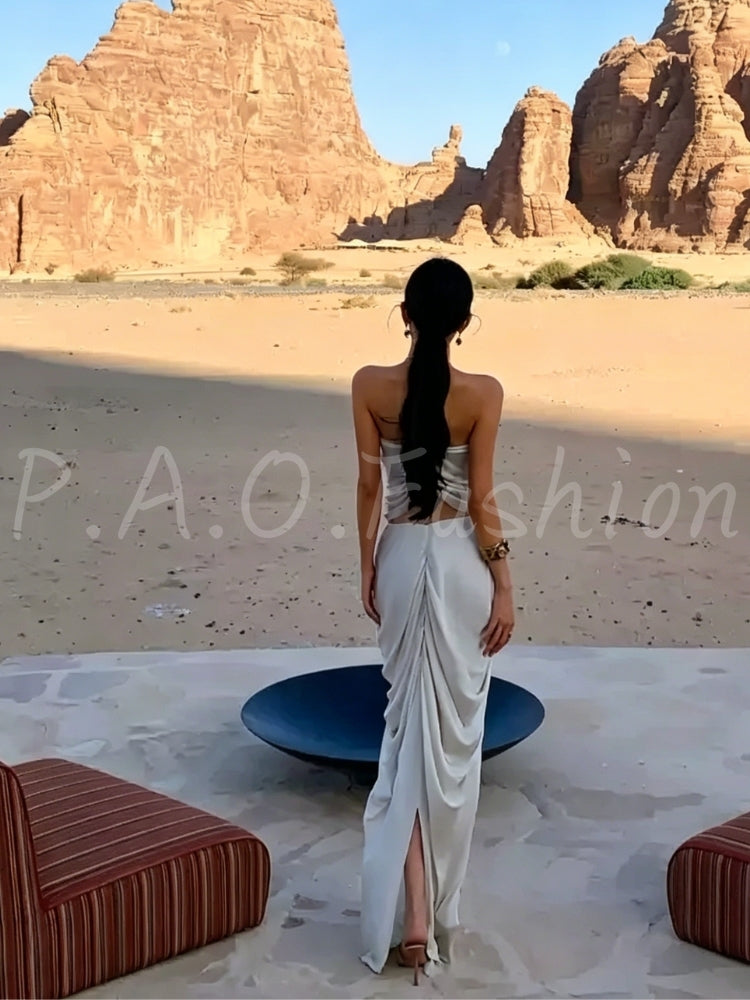 Twist-Front Strapless Cutout Slit Maxi Dress