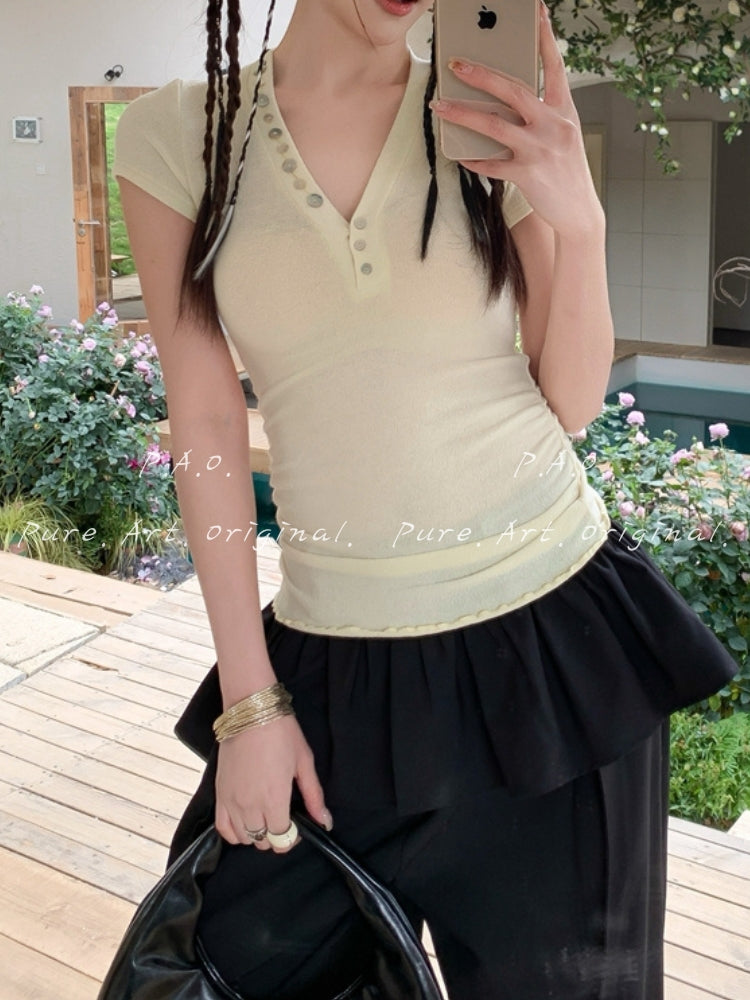 Ruched V-Neck Button Ribbed Crop Tee