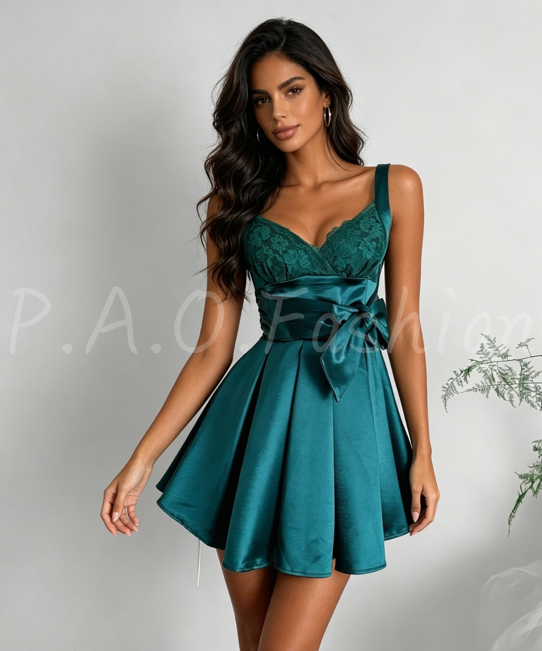Satin Lace-Panel Bow-Waist A-Line Mini Dress[Available Now]