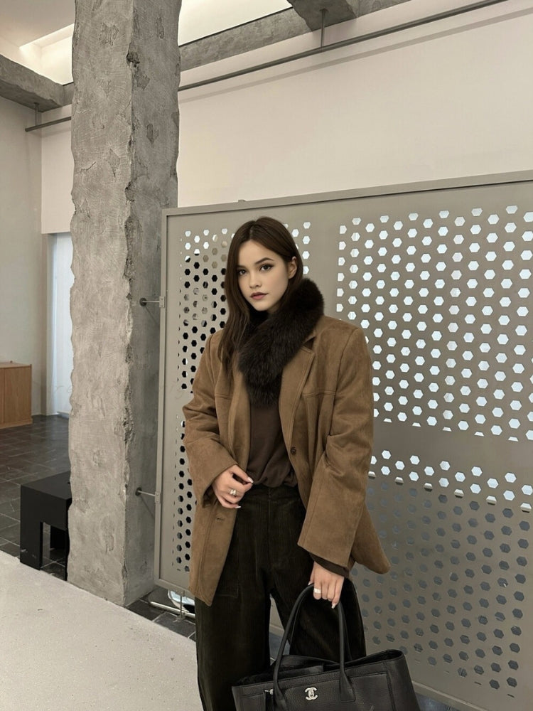 Vintage Faux Suede Padded Down Blazer Coat