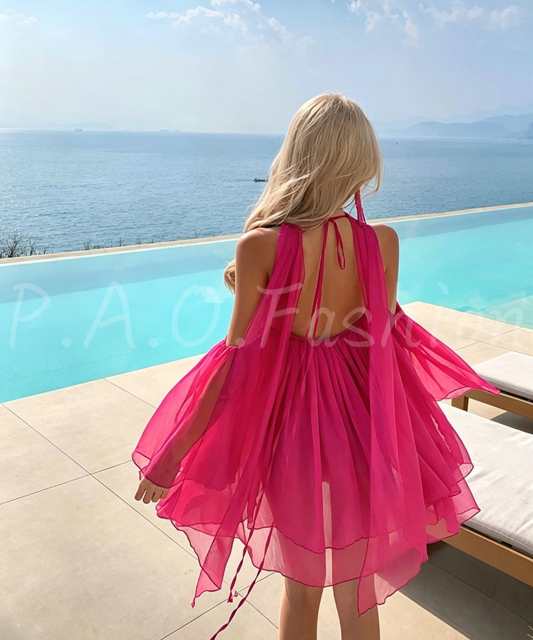 Fuchsia Halter Cutout Chiffon Resort Mini Dress