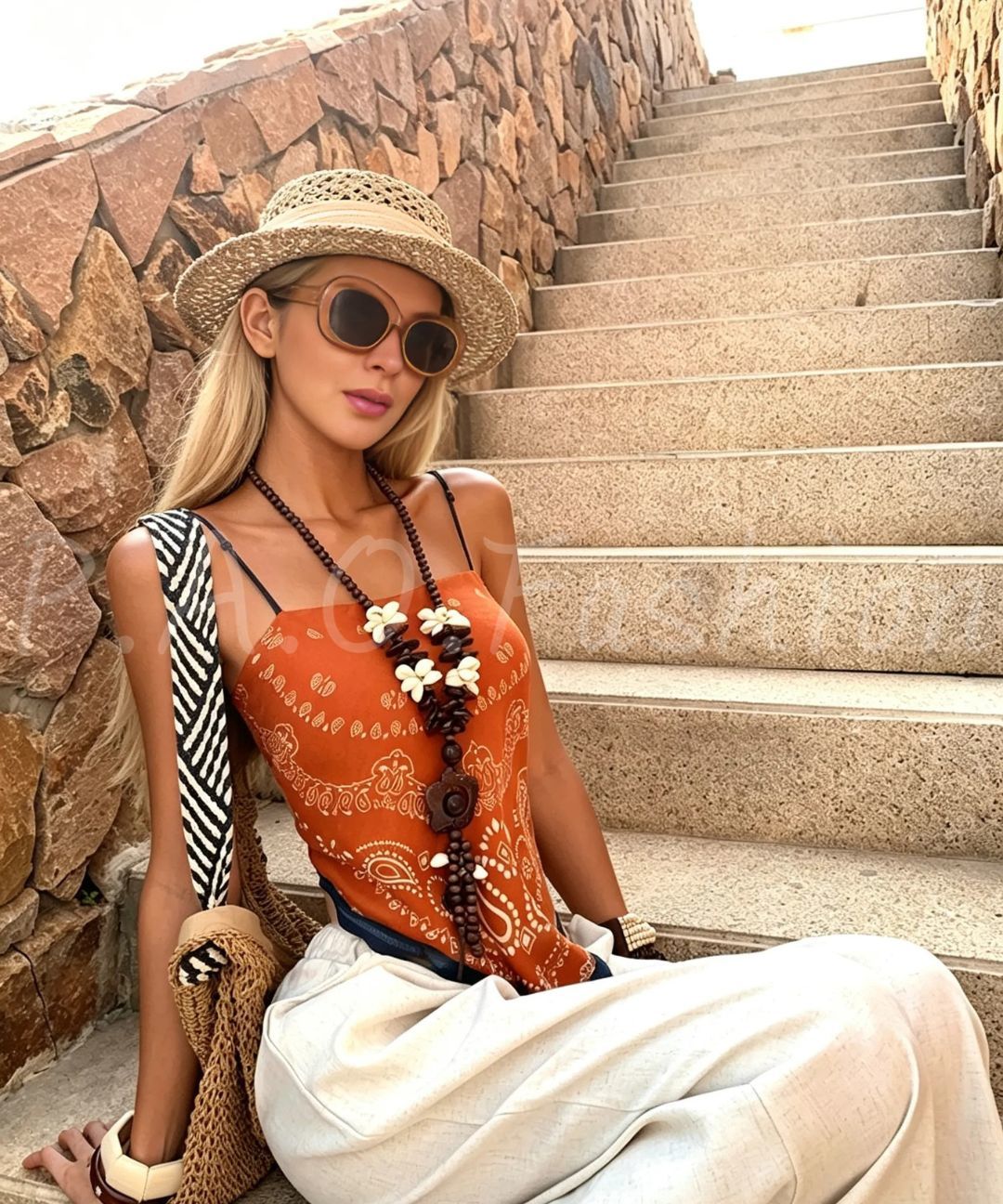 Caramel Paisley Halter Top & Ivory Wide-Leg Pants Set