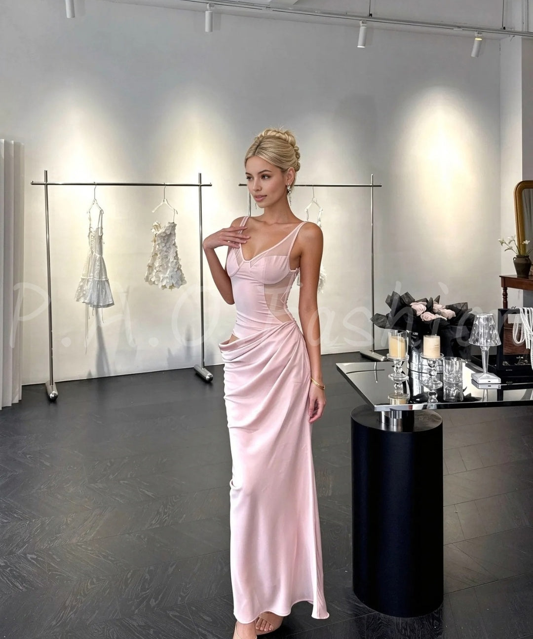 Soft Pink Satin Mesh Cutout Mermaid Gown