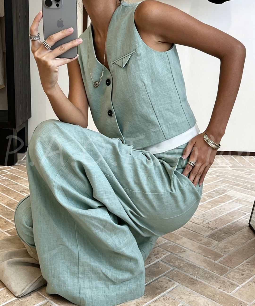 Ramie-Cotton Blend Vest & Wide-Leg Pants Set[Available Now]