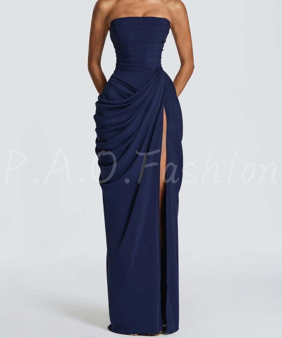 Strapless Ruched Slit Maxi Dress[Available Now]
