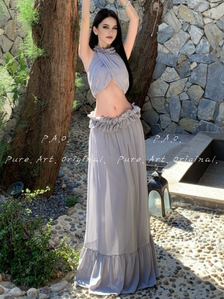 ÉLAN HALTER CUT-OUT RUFFLE TWO-PIECE MAXI SET