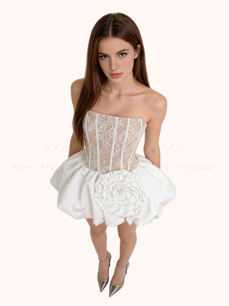 Lace Corset Strapless Satin Puff Gown
