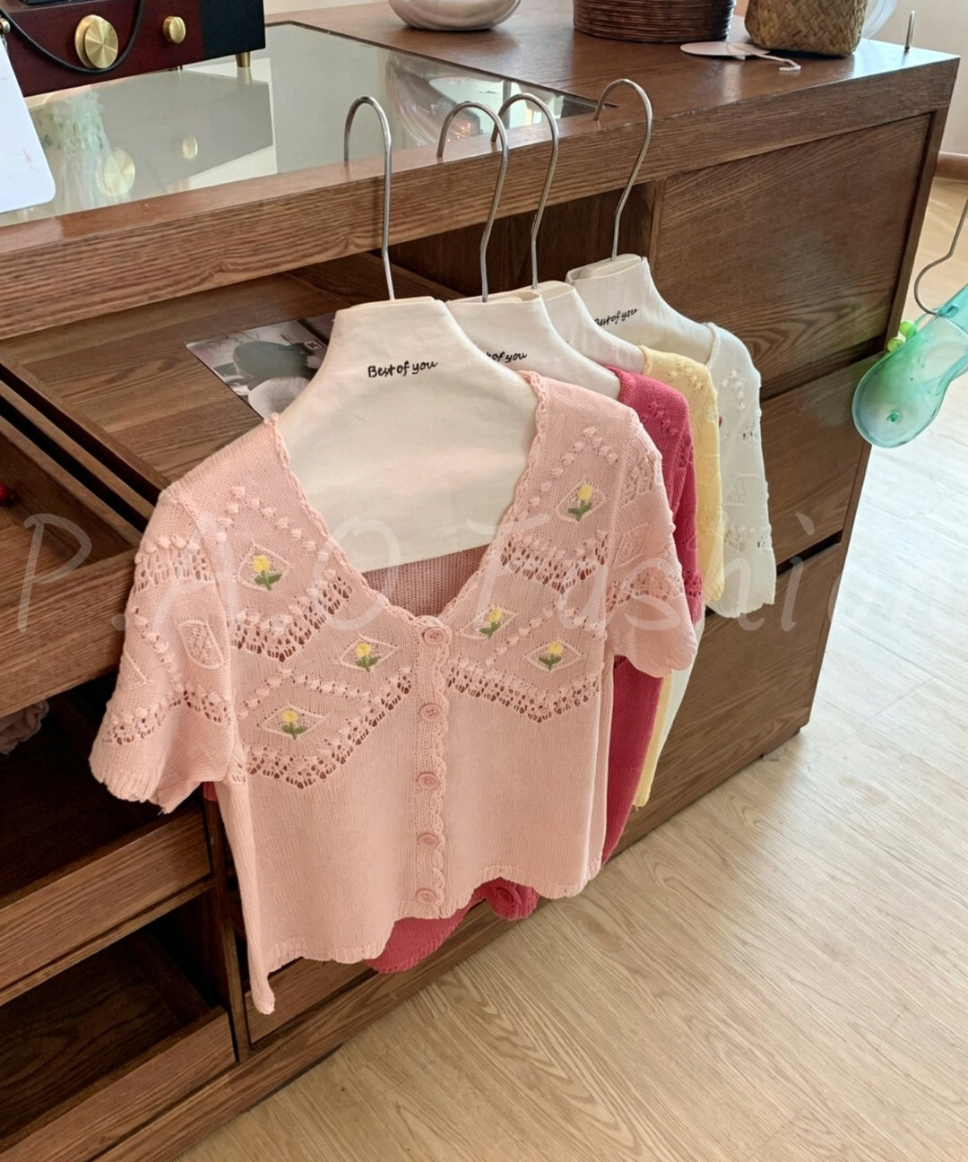 Embroidered Open-Knit V-Neck Short Sleeve Cardigan